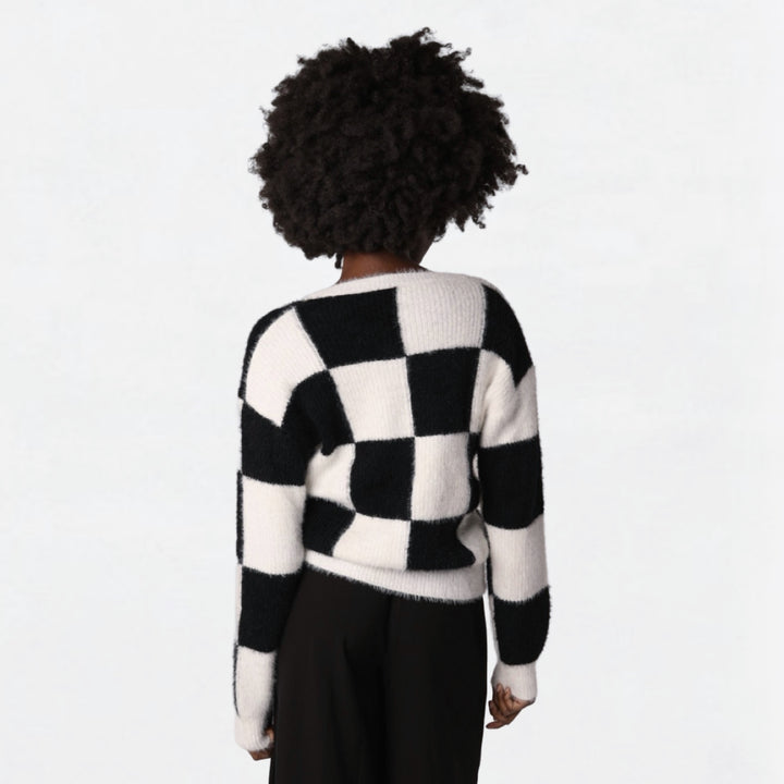 Checkered knit cardigan with embroidery patches