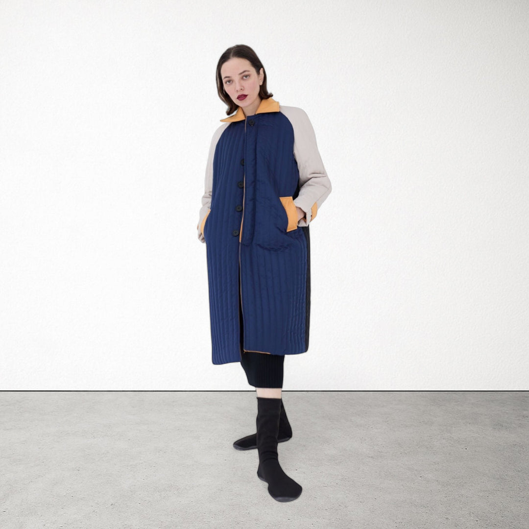 Navy Orange Patchwork Colour Block Quilt Long Jacket