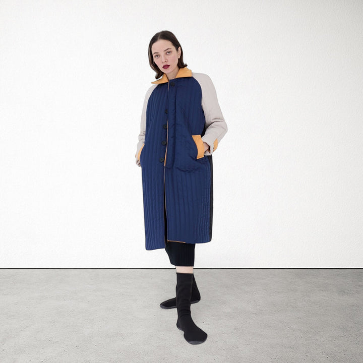 Navy Orange Patchwork Colour Block Quilt Long Jacket