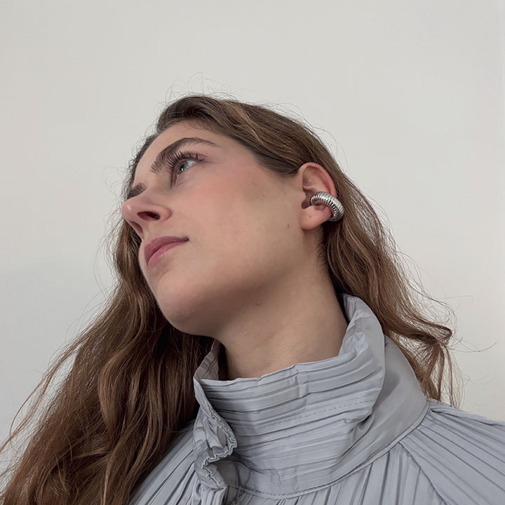 Silver C Shaped Hoop Ridged Clip Earrings