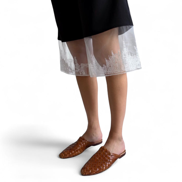 Black wide leg capri trousers with embroidery lace