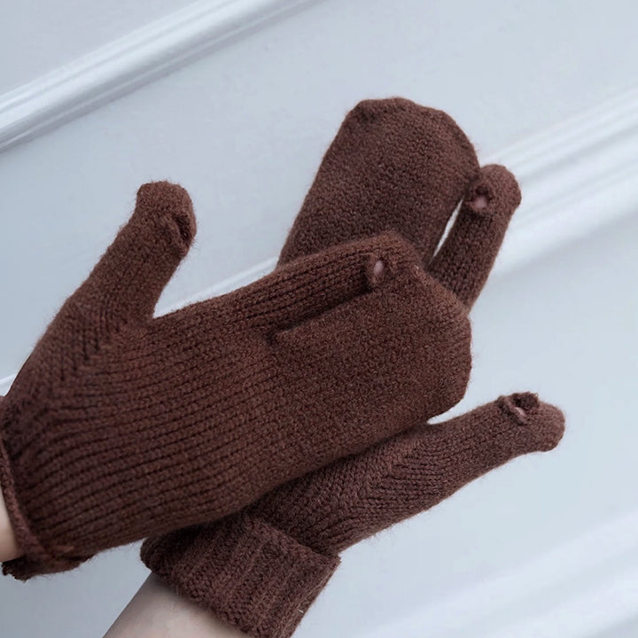 Brown Soft Two Finger Knitted Mitten Gloves