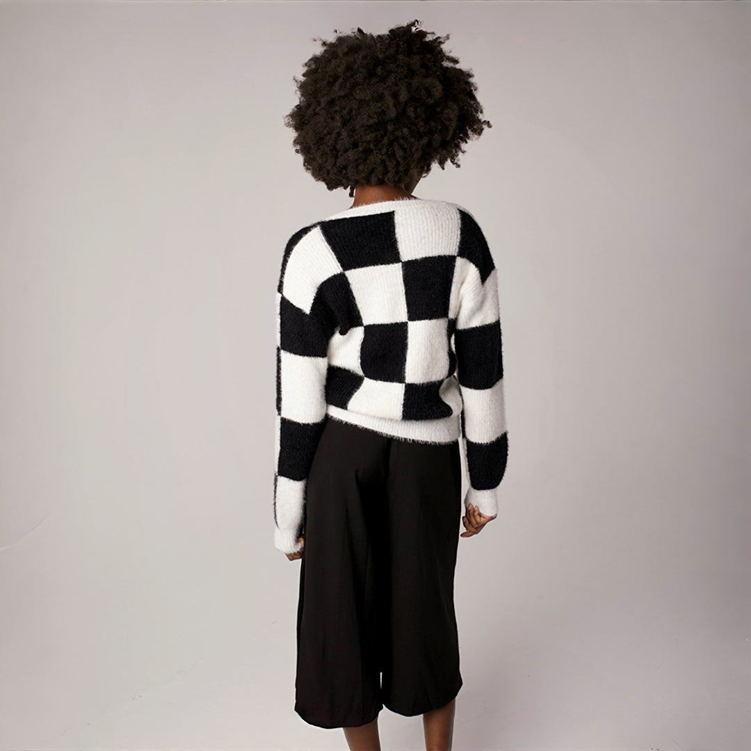 Checkered knit cardigan with embroidery patches