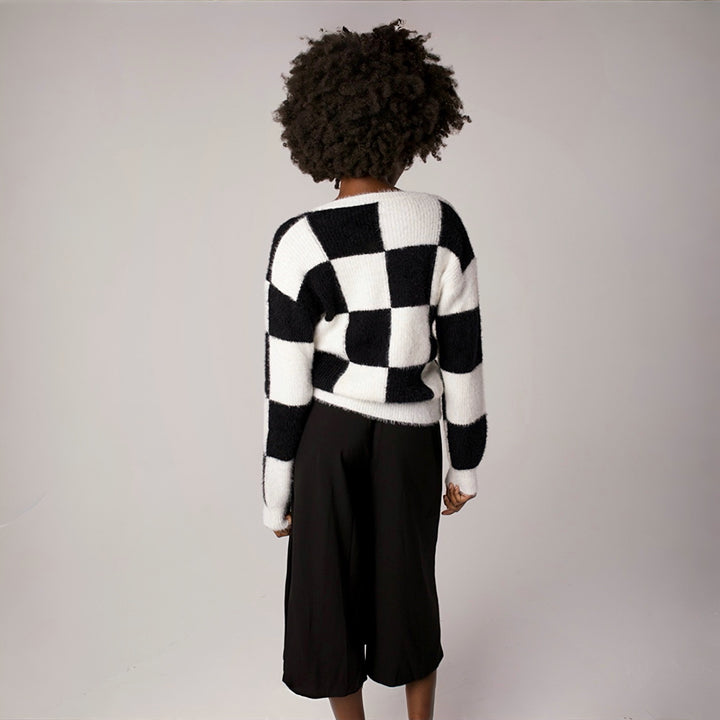Checkered knit cardigan with embroidery patches
