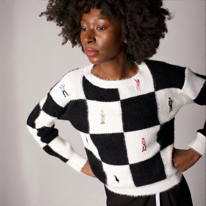 Checkered knit cardigan with embroidery patches