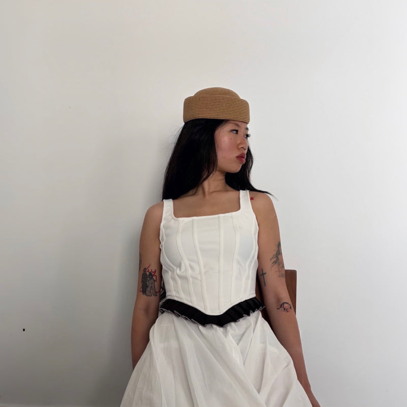 White Rib Knit Corset Top With Ruffle