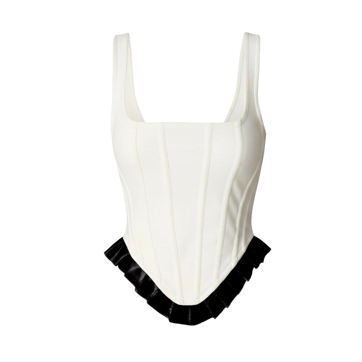 White Rib Knit Corset Top With Ruffle