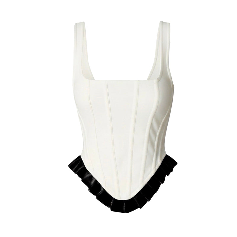 White Rib Knit Corset Top With Ruffle