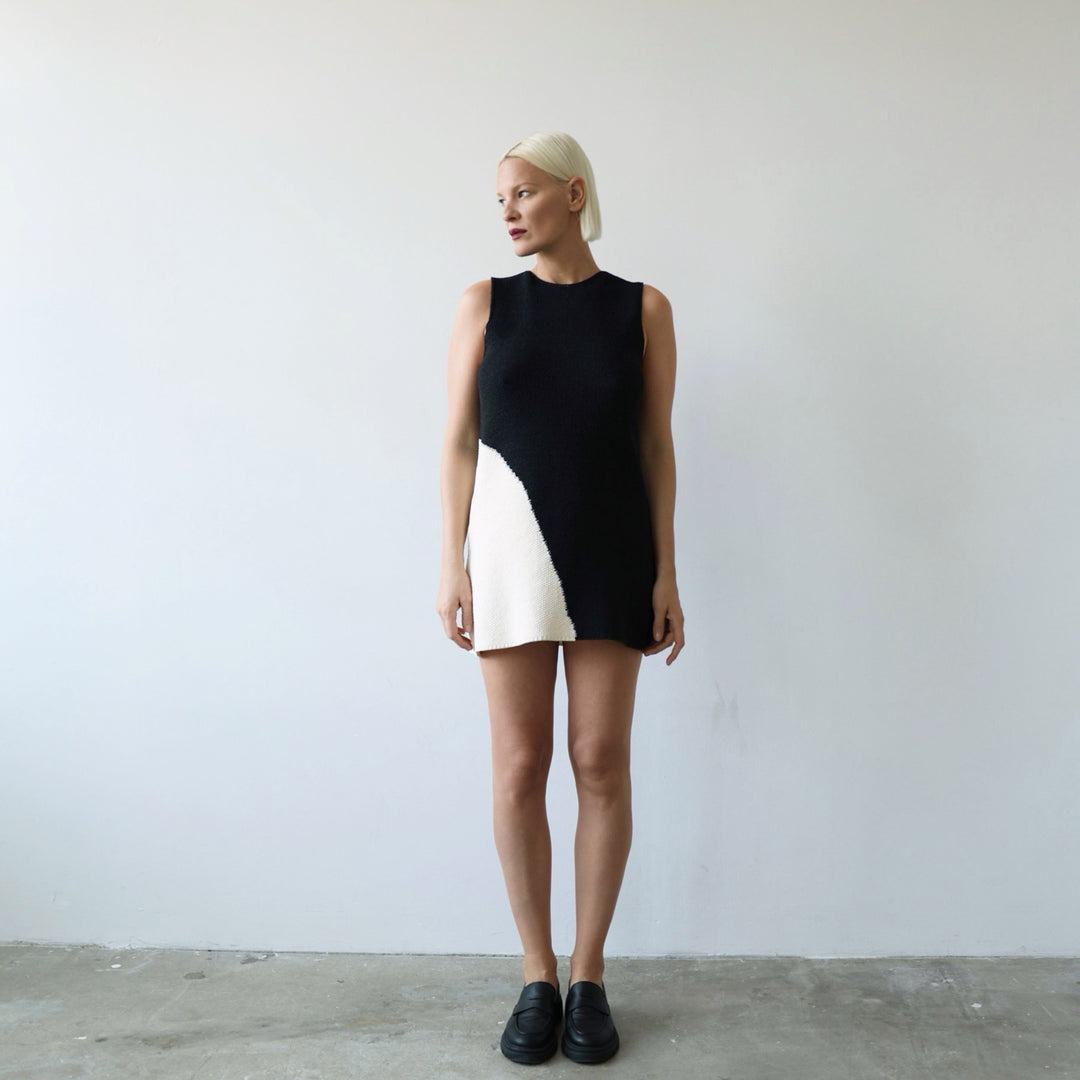 Black and Beige Waffle Knit Short Dress