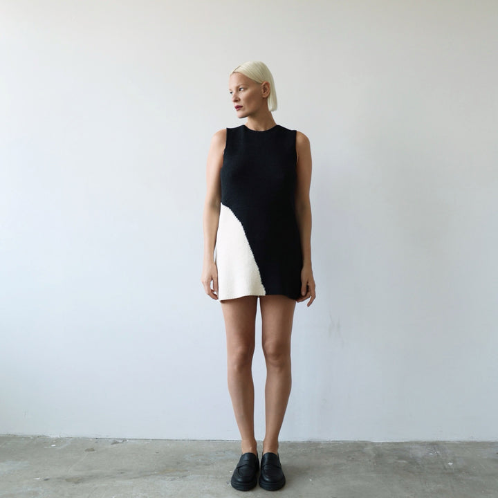 Black and Beige Waffle Knit Short Dress