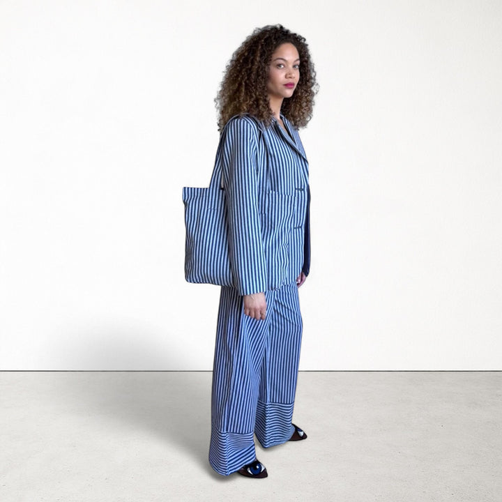 Blue White Striped Blazer Trousers Corset And Tote Bag Four Piece Set