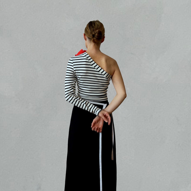 Striped One Sleeve Top With Red Flower Pin