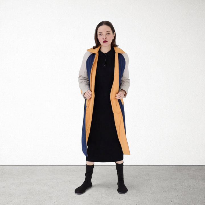 Navy Orange Patchwork Colour Block Quilt Long Jacket