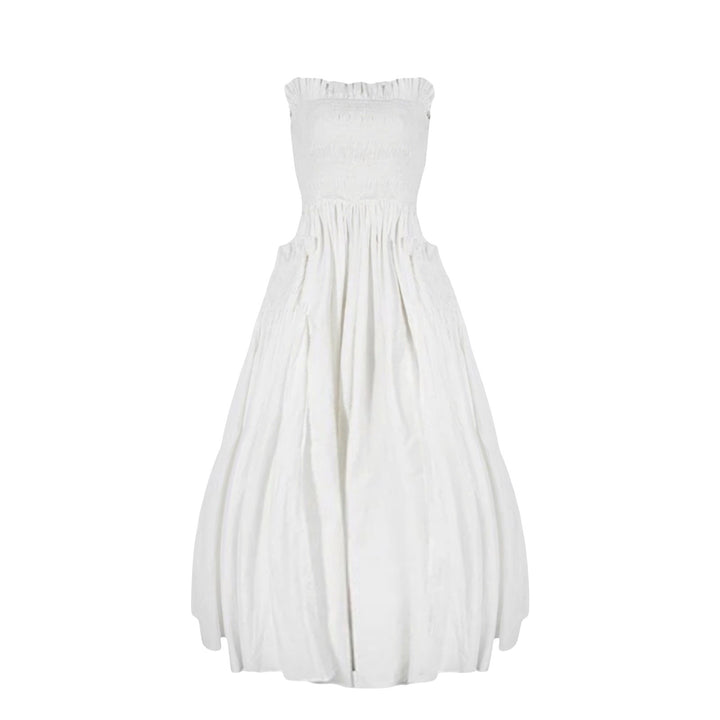 White cotton strapless smocked maxi dress