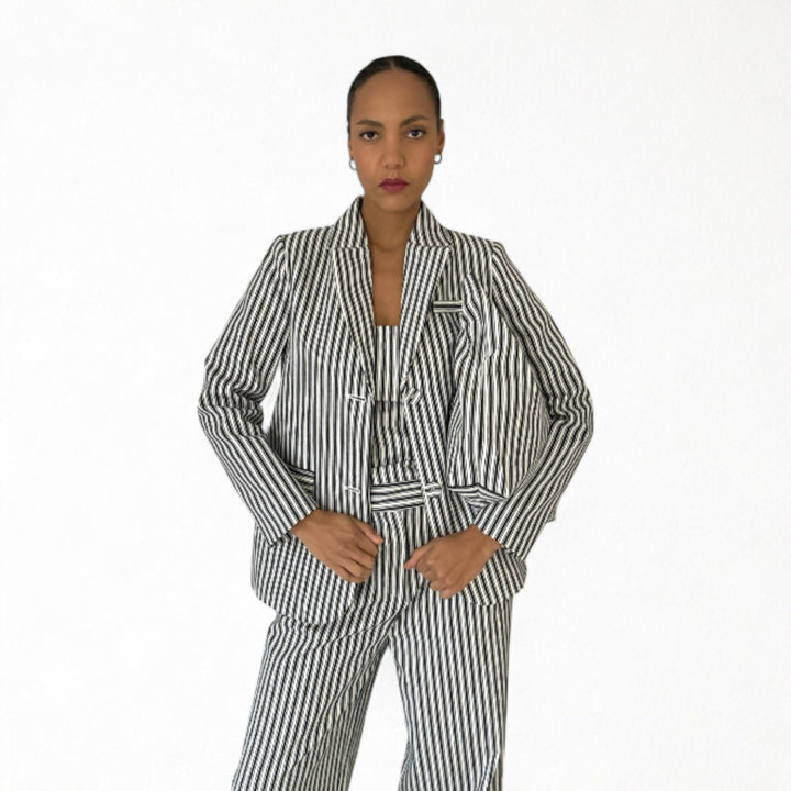 Black White Striped Blazer Trousers Corset And Tote Bag Four Piece Set