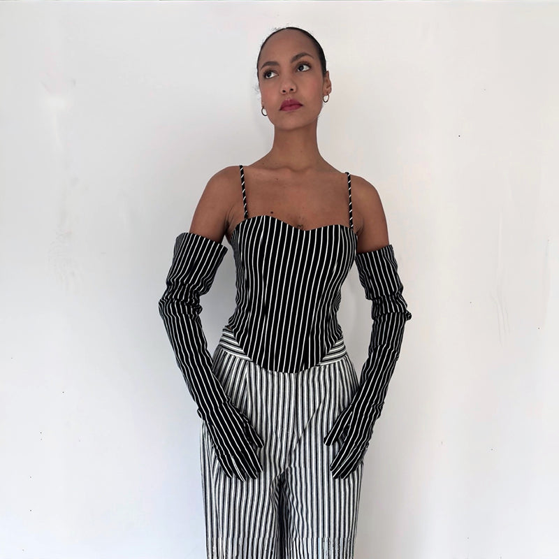 Black Pinstripes Sweetheart Corset With Long Gloves
