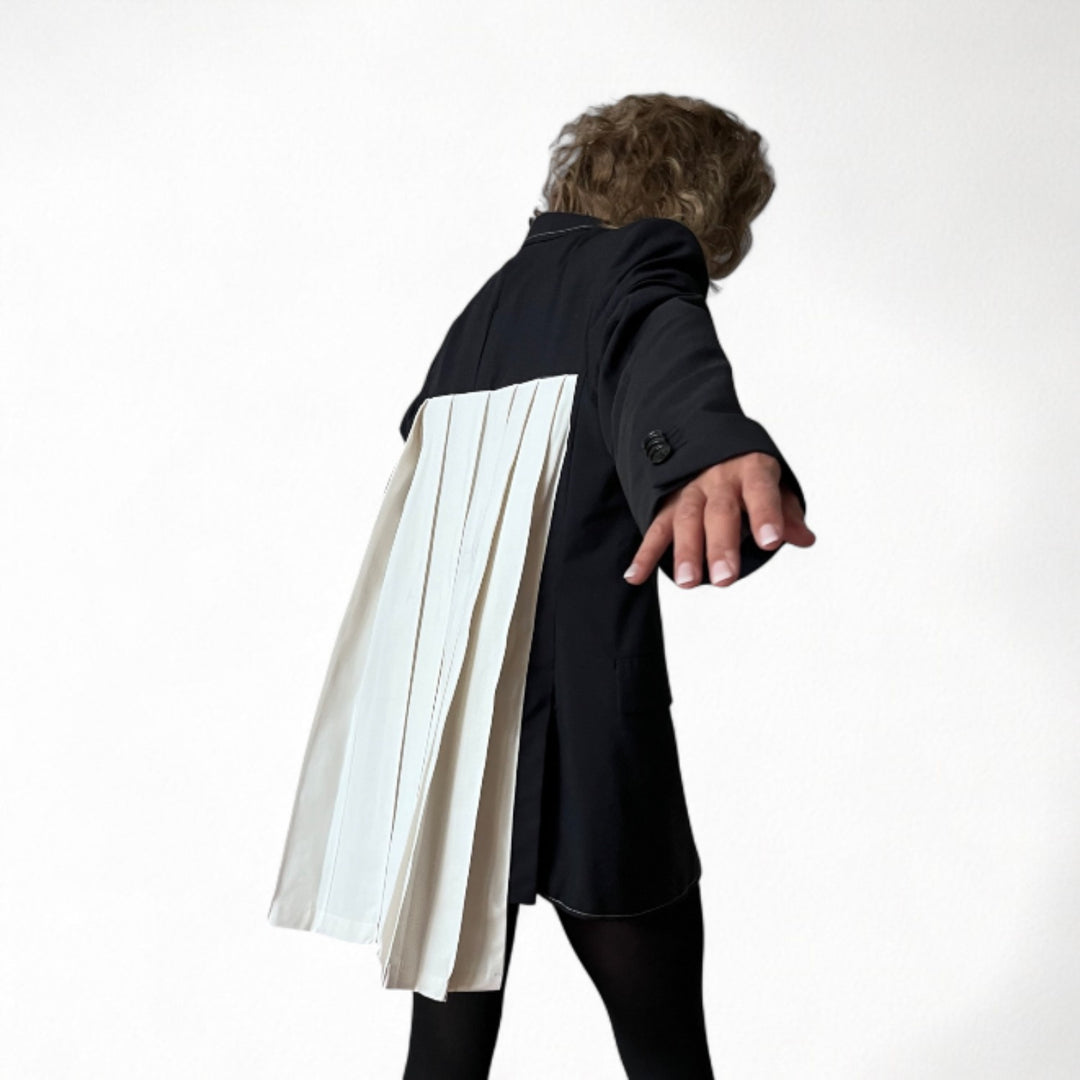 Reworked blazer with white pleated back appliqué