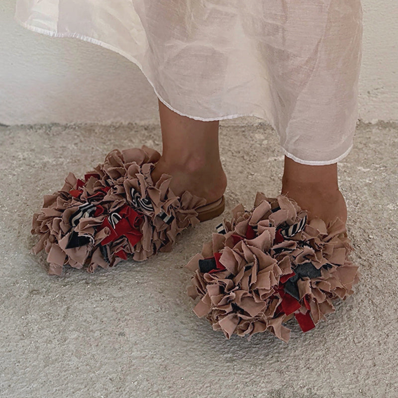 Pom Pom Blush Fabric and Leather Mules Slip On Shoes