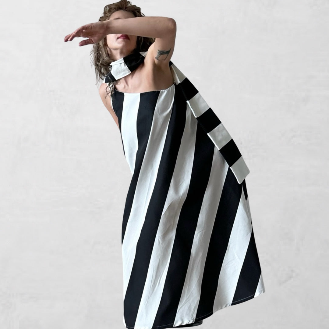 Striped one shoulder A line dress with matching long tie