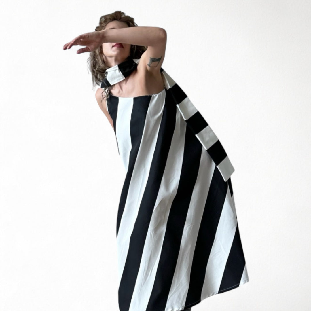 Striped one shoulder A line dress with matching long tie
