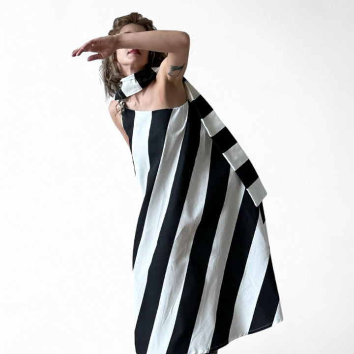 Striped one shoulder A line dress with matching long tie