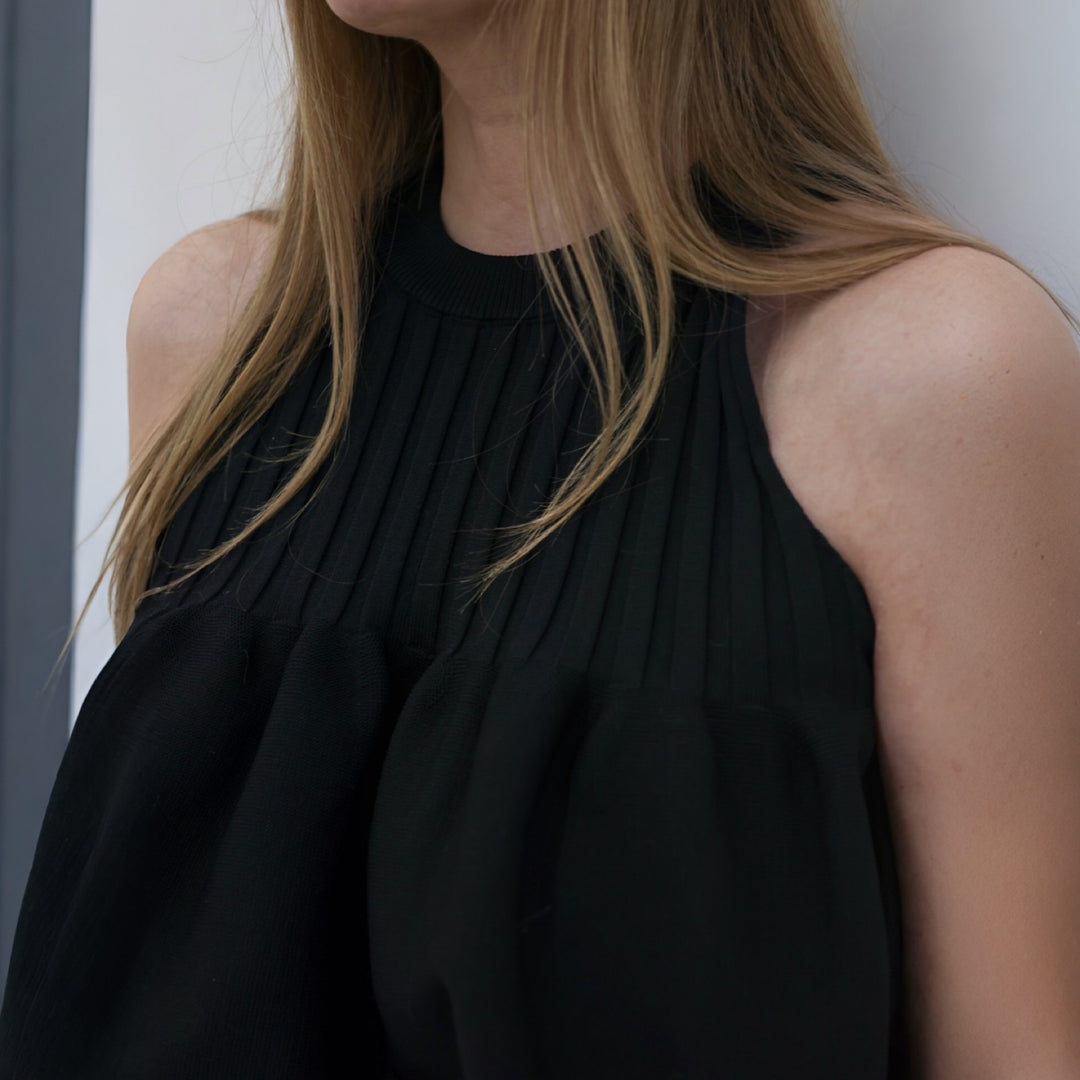 Black Knitted Halter Top With Ruffle