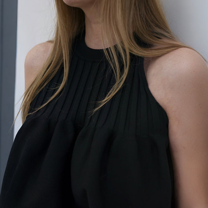 Black Knitted Halter Top With Ruffle