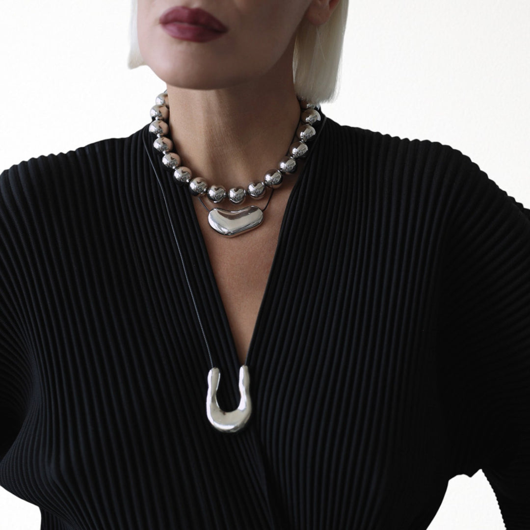 Silver bean geometric pendant necklace