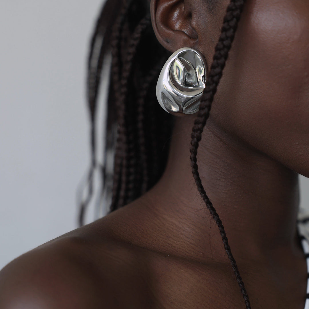 Silver big geometric oval earrings