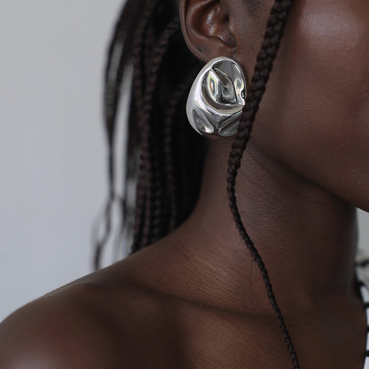 Silver big geometric oval earrings