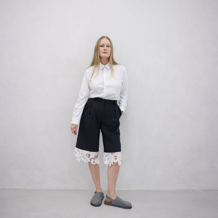 Black Tailored Culottes With Lace Appliqué
