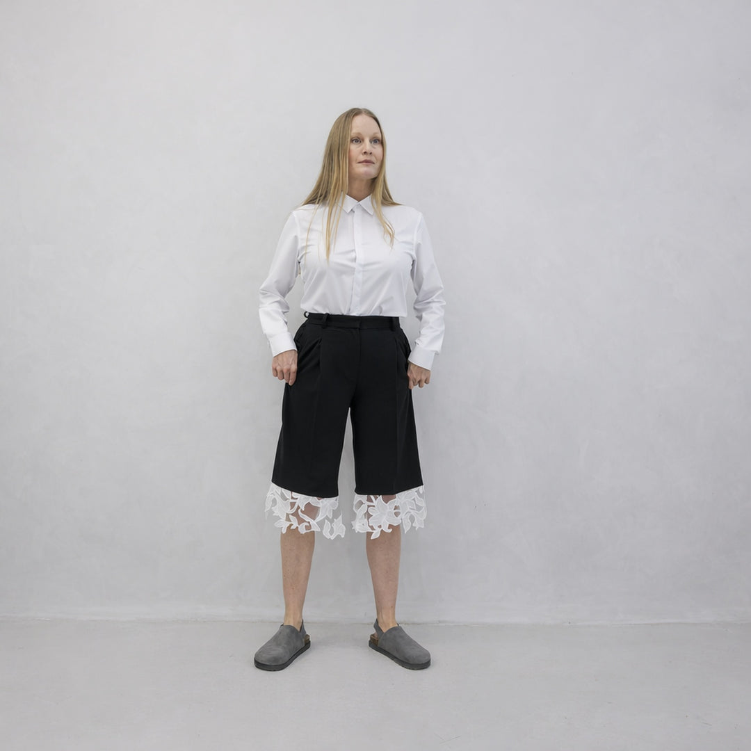 Black Tailored Culottes With Lace Appliqué