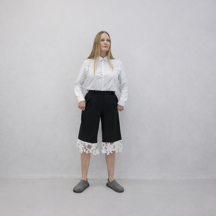 Black Tailored Culottes With Lace Appliqué