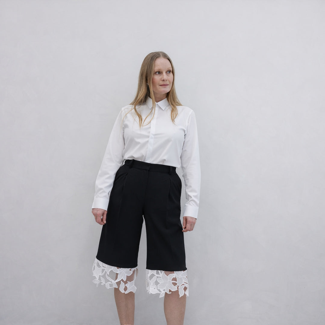 Black Tailored Culottes With Lace Appliqué