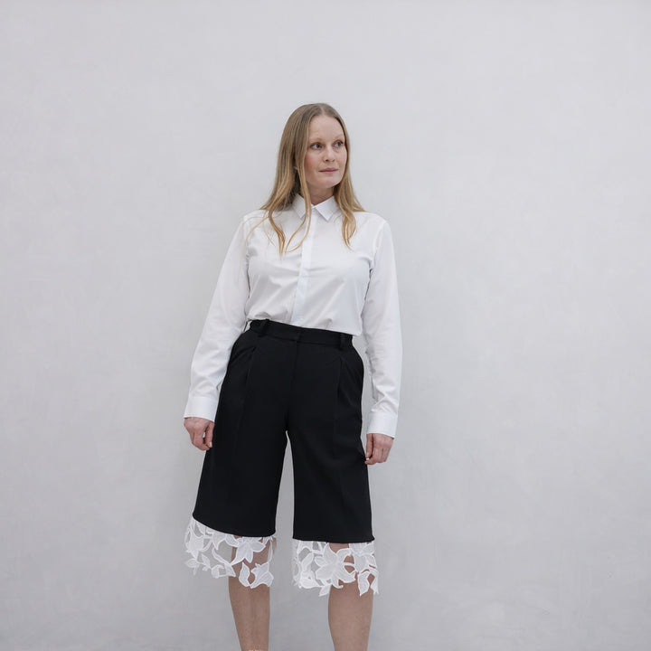 Black Tailored Culottes With Lace Appliqué
