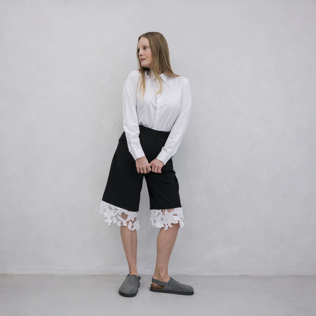 Black Tailored Culottes With Lace Appliqué