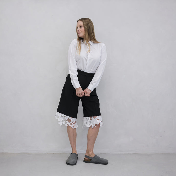 Black Tailored Culottes With Lace Appliqué