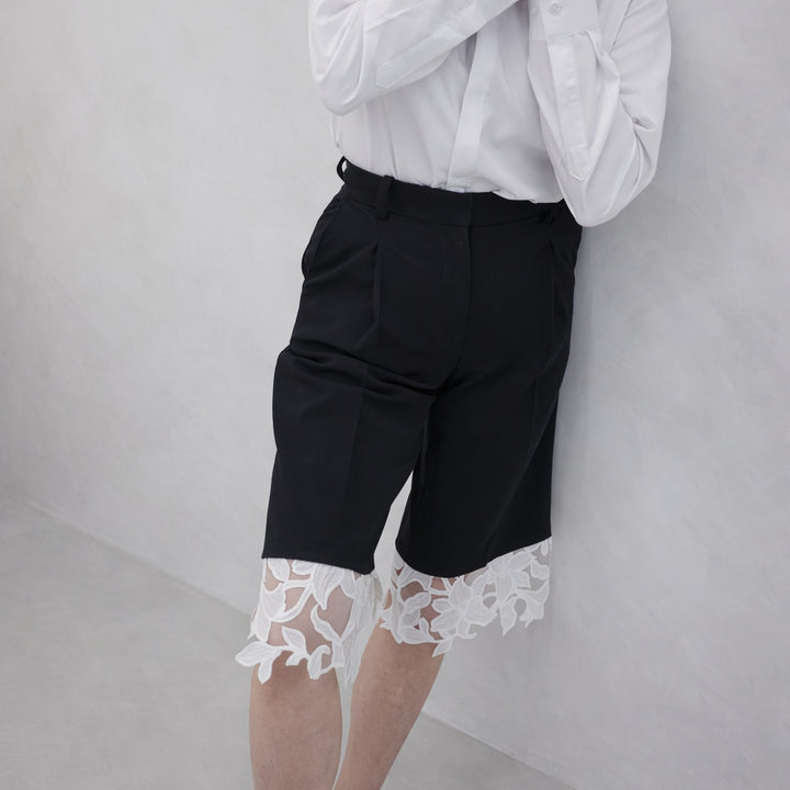 Black Tailored Culottes With Lace Appliqué