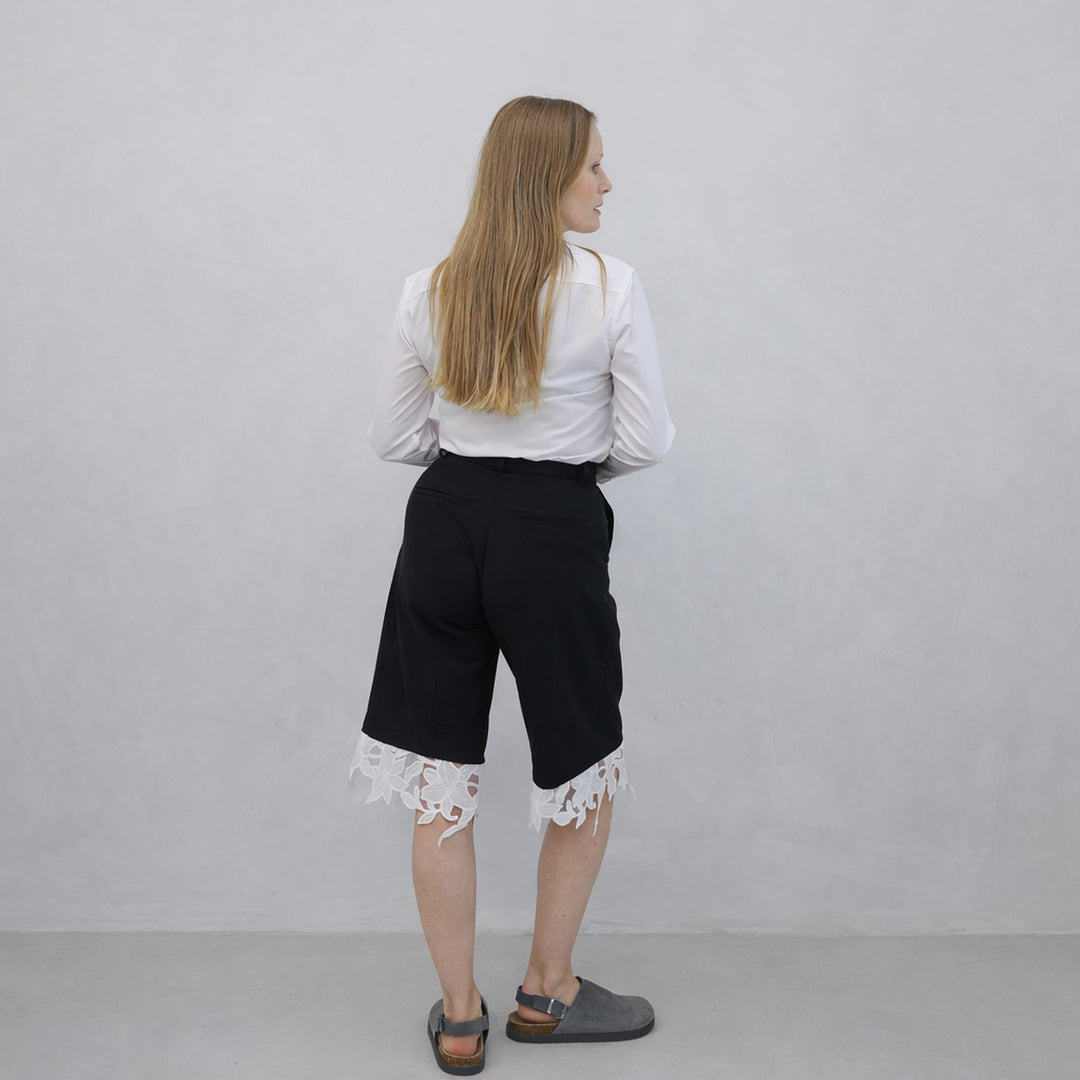 Black Tailored Culottes With Lace Appliqué