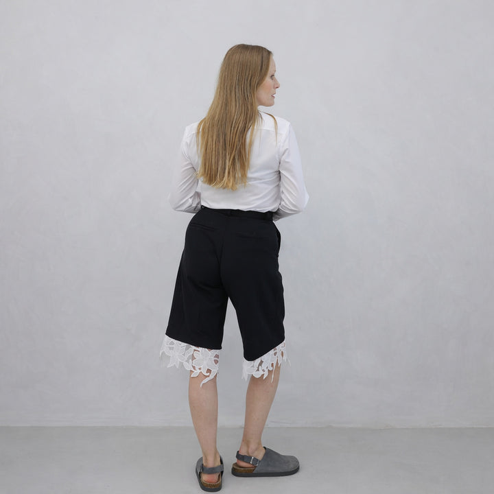 Black Tailored Culottes With Lace Appliqué