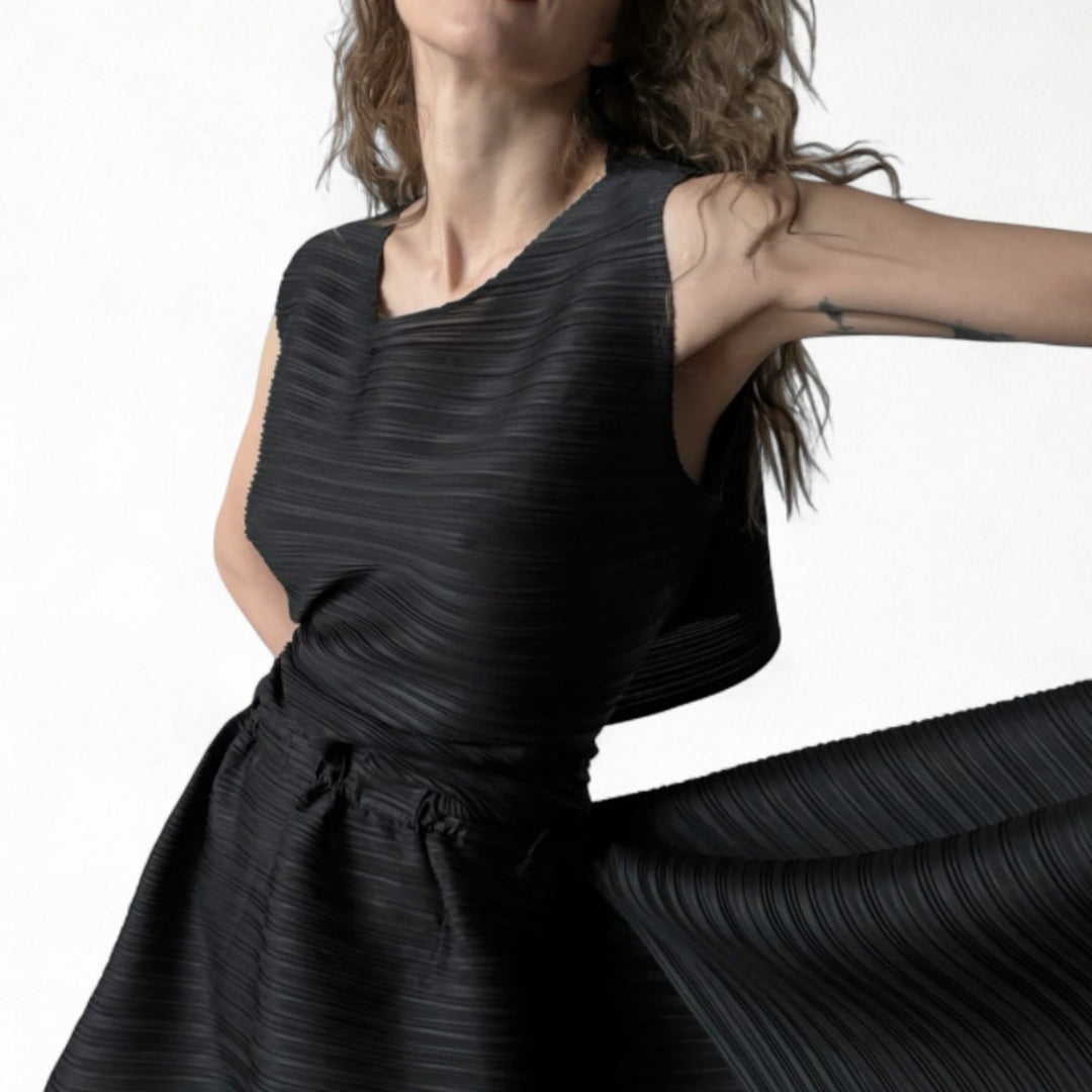 Black multi-wear pleated asymmetric dress