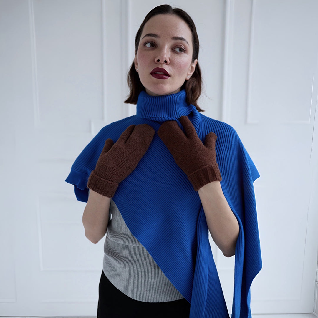 Brown Soft Two Finger Knitted Mitten Gloves