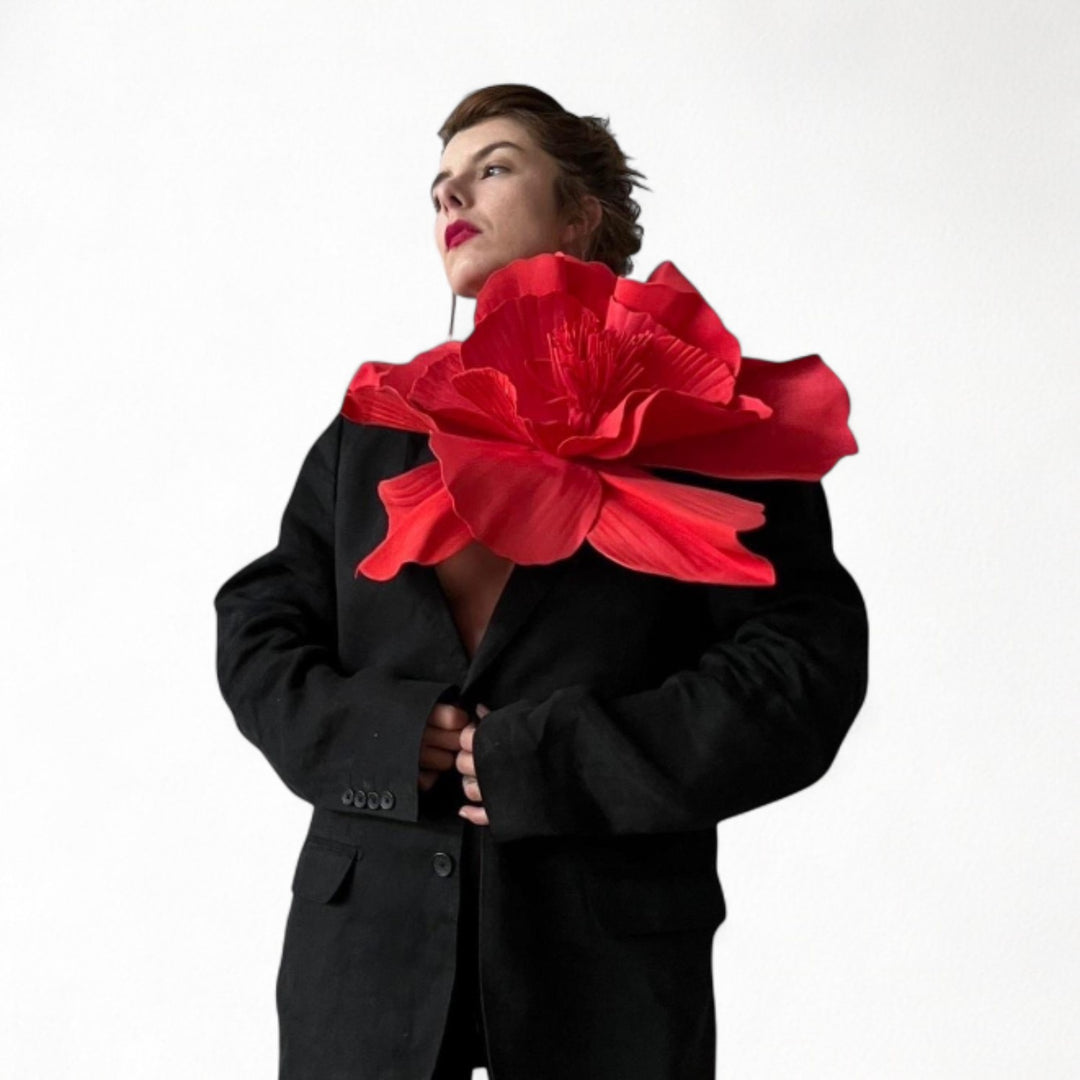 Reworked men's blazer with red flower pin