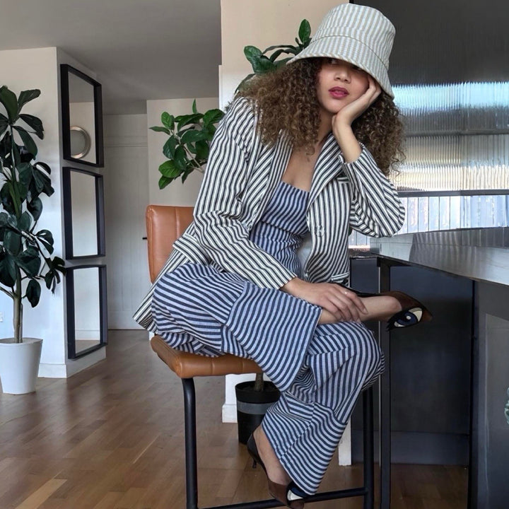 Blue White Striped Blazer Trousers Corset And Tote Bag Four Piece Set