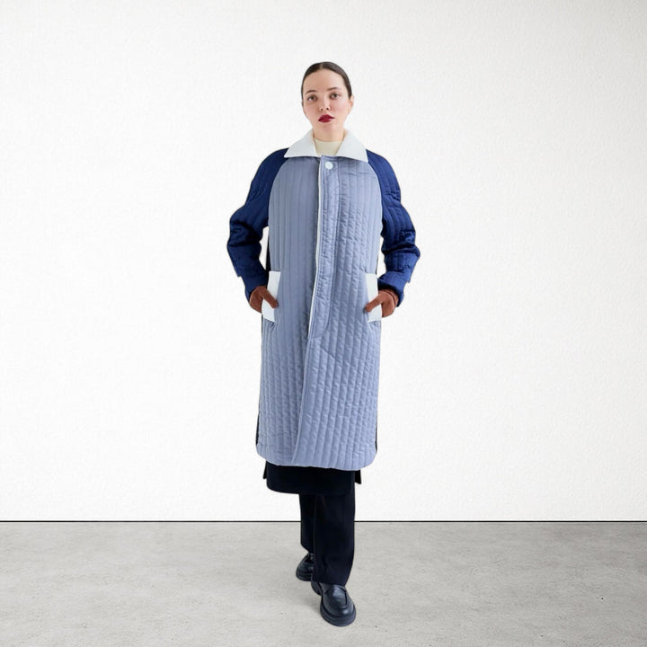 Grey Navy White Patchwork Colour Block Quilt Long Jacket