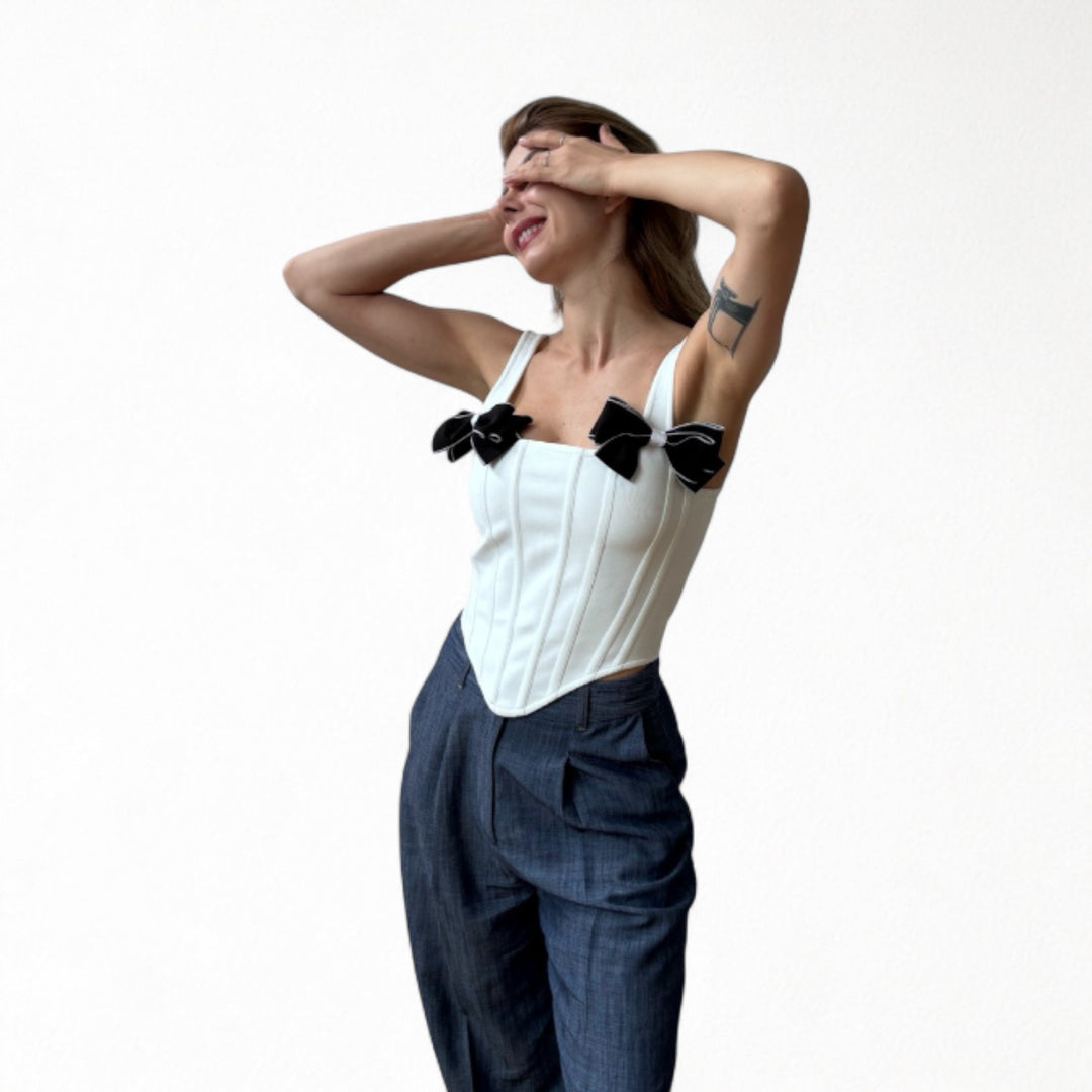 White rib knit corset top with bows