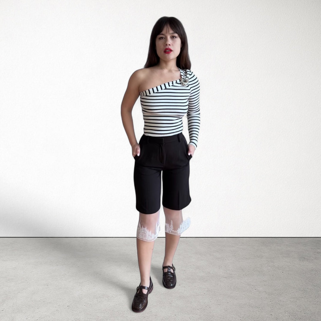 Striped one sleeve top with metal brooch