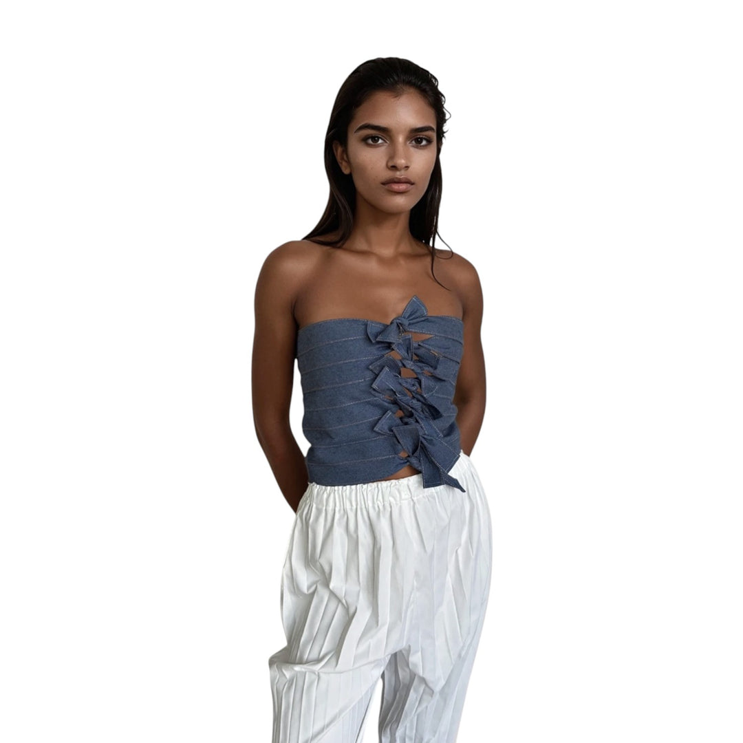 Denim multi-wear ribbon strapless top or apron