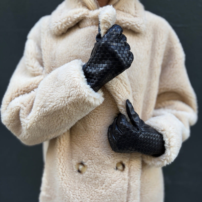 Black Woven Leather Short Gloves