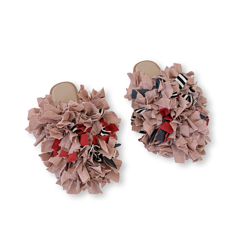 Pom Pom Blush Fabric and Leather Mules Slip On Shoes